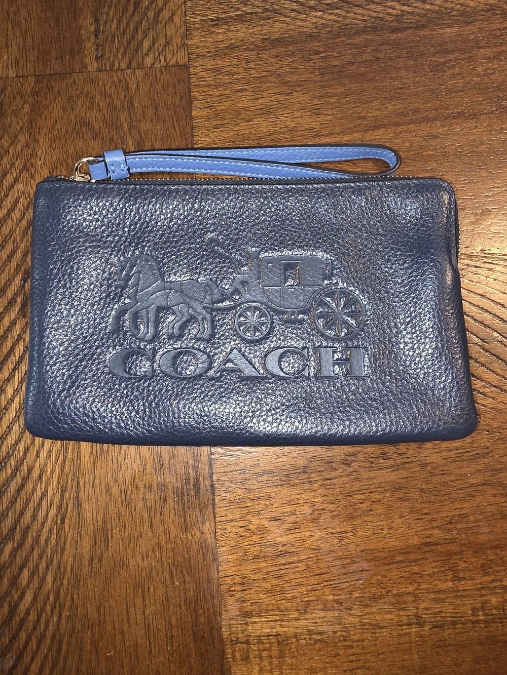 Coach Navy Pebbled Horse And Carriage Leather Wristlet with Light Blue Strap